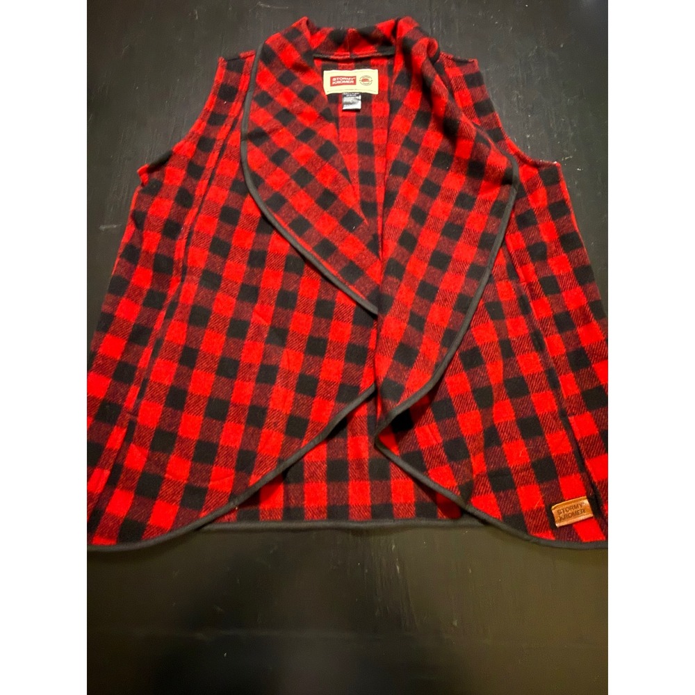 Stormy Kromer Women Red Black Buffalo Plaid Wool Blend Draped Wrap Vest Large